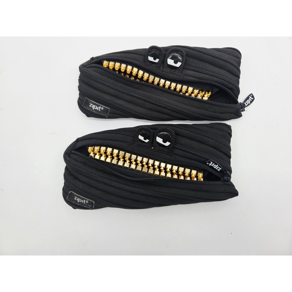 Lot of 2 ZIPIT Grillz Pencil Case 2 black Gold Teeth Bag Zipper Monster eyes